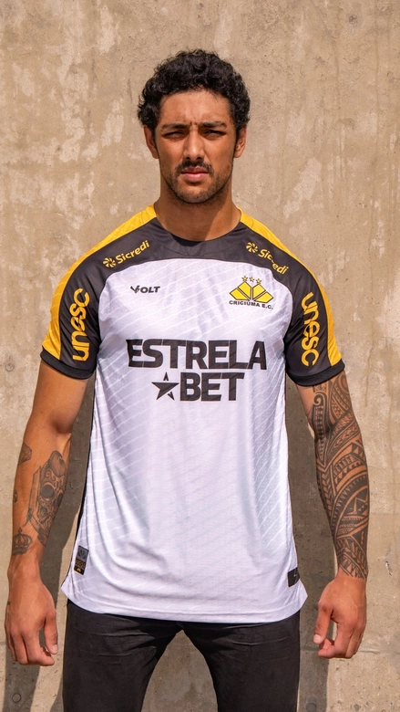 Camisa Jogo 2 2025 Com Patrocínio Criciúma Masculino Branca Amarela e Preta
