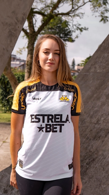 Camisa Jogo 2 2025 Com Patrocínio Criciúma Feminina Branca Amarela e Preta