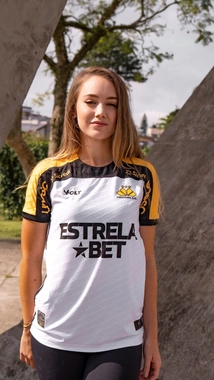 Camisa Jogo 2 2025 Com Patrocínio Criciúma Feminina Branca Amarela e Preta
