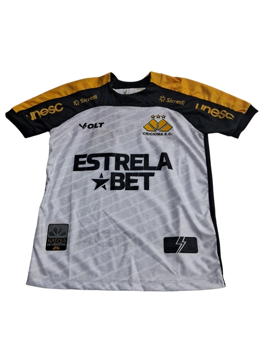 Camisa Jogo 2 2025 Com Patrocínio Criciúma Infanto Juvenil Branca Amarela e Preta